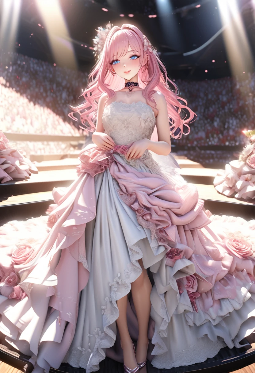 One girl looking at the audience, beautiful blue eyes, pink medium long hair, mole under eye, plump glossy lips, heart shaped choker, idol, smiling, ... 3D, realistic, princess dress with too many frills, draped clothes, jewels, stripped of embellishments, floral print, lace trim, bright stage, masterpiece, best quality, 8k, detailed skin texture, detailed fabric texture, beautifully detailed face, intricate details, highly detailed, ultra high resolution, 8K Ultra HD, film grain, best shadows, delicate, looking at the audience, frontal