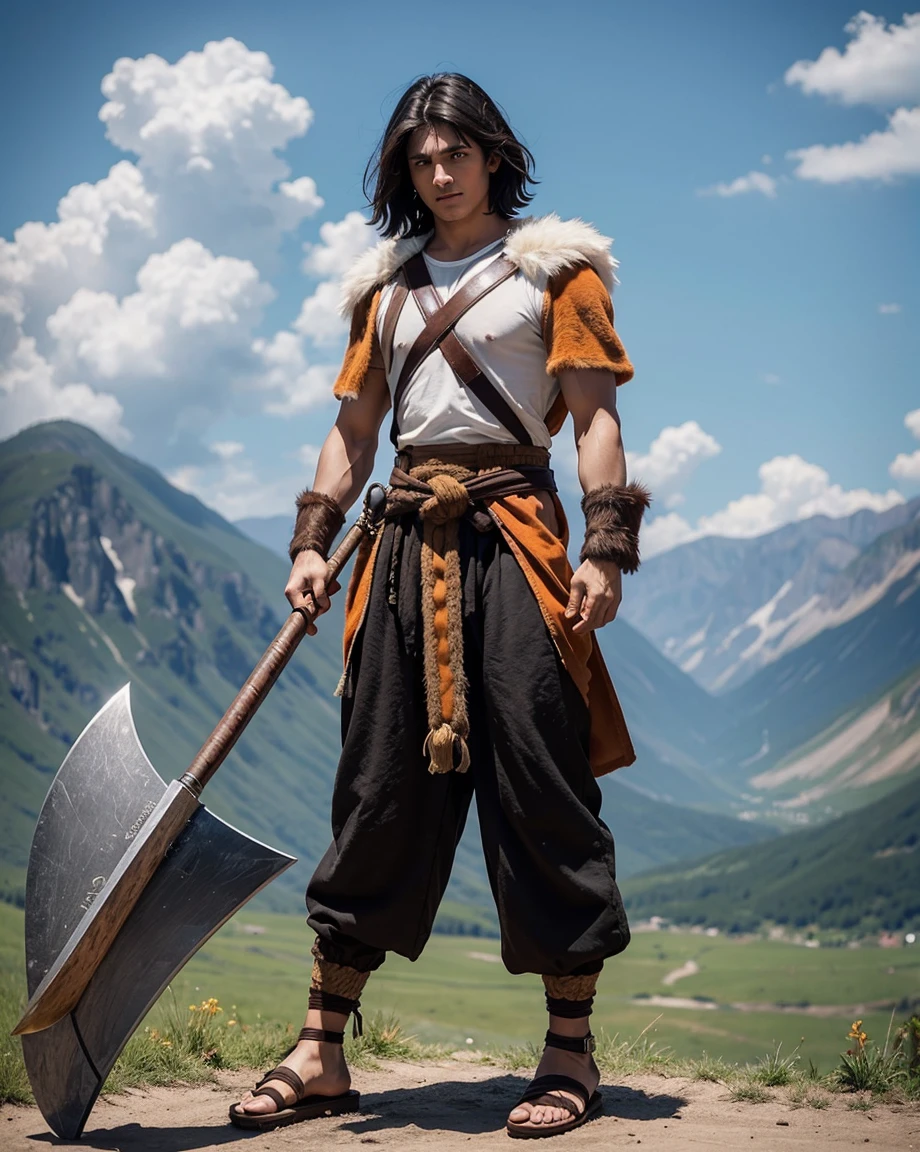 Youth with short black hair and brown eyes, fair skin and clean-shaven, dressed in short orange medieval barbarian fur tunic and trousers, weilding giant axe, sandals; fullbody; short hair, masculine, athletic