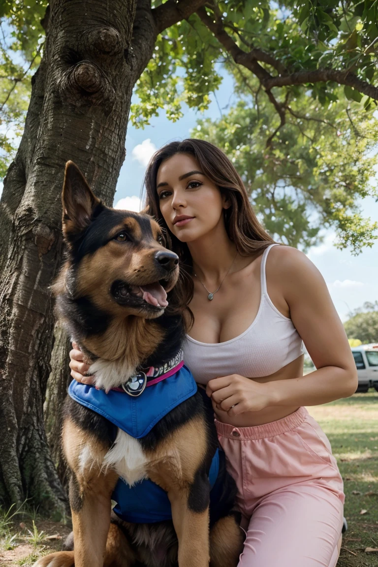 paw patrol, con Chase y coral "(ambiente) en una colina" under a tree, male german shepherd, hembra cockapoo, "macho, le da un beso, hembra "sorprendida y sonrojada corresponde" dibujo estilo "anime realista", ambos con los ojos cerrado (clima) "lluvioso"