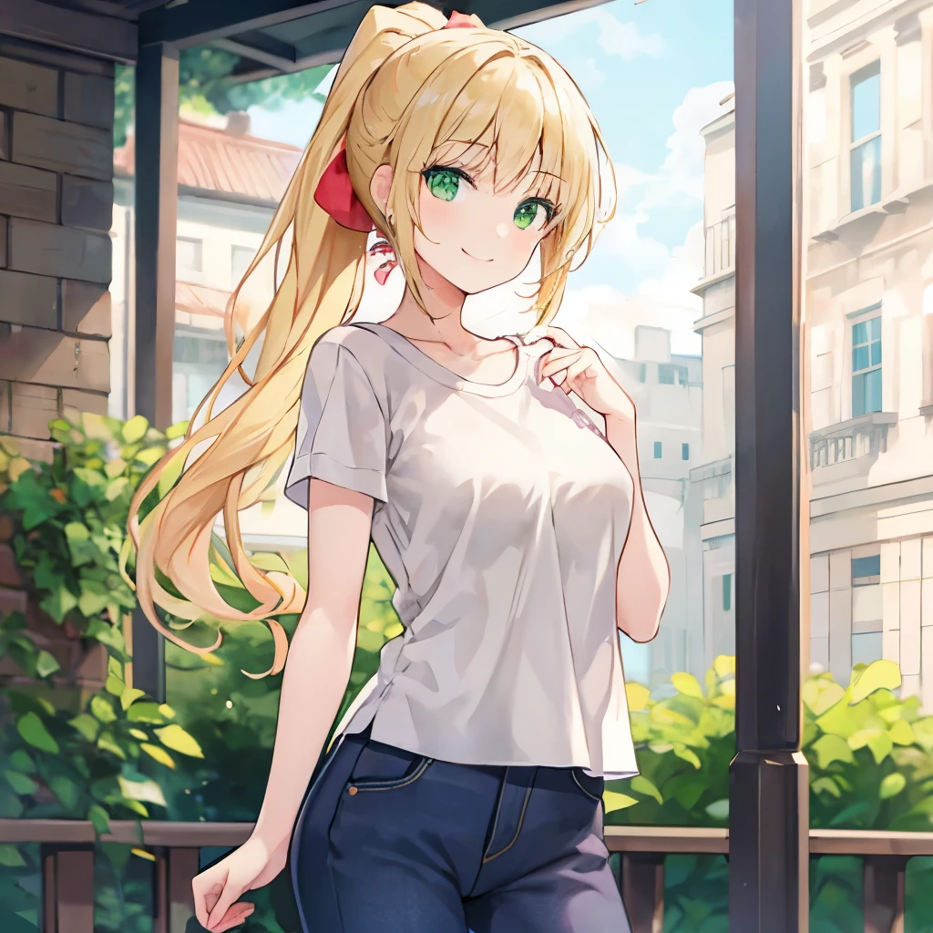 blonde long curled hair, ponytail, green eyes, smile, casual clothes
