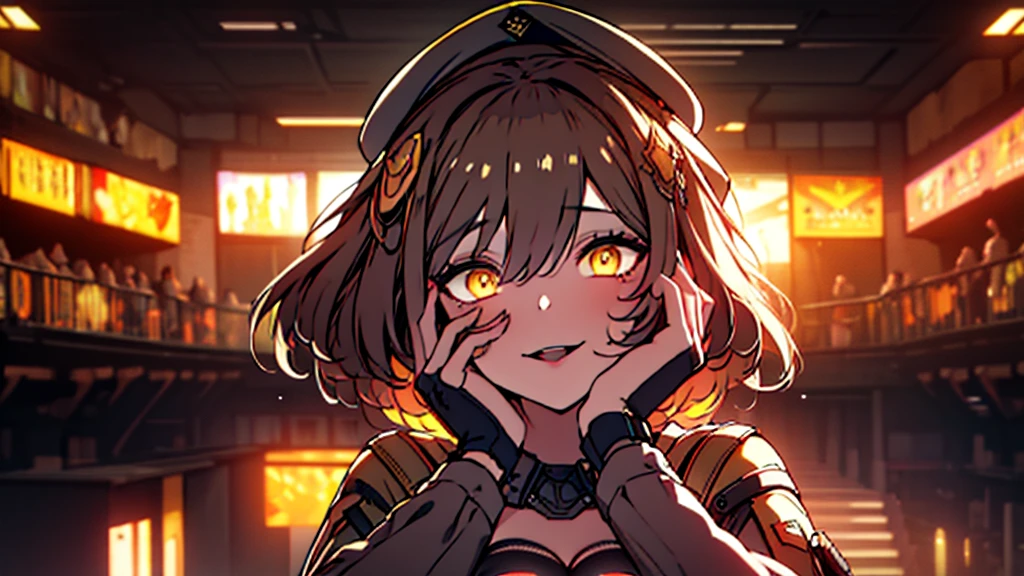 ((Best quality)), ((masterpiece)), (detailed:1.4), 3D, an image of a beautiful cyberpunk female, Yandere , Yandere Face , Trance , Trance Eyes , yameroyandere , constricted pupils , yandere , empty eyes . shaded face , crazy eyes , glowing brown eyes , crazy smile , aniswear, cross-eyed, short_hair, open_mouth, large_breasts, brown_hair, hair_ornament, thighhighs, hat, cleavage, brown_eyes, jacket, full_body, yellow_eyes, knee pads, boots, shorts, black_thighhighs, beret, short shorts, war, indoors, room, HDR (High Dynamic Range),Ray Tracing,NVIDIA RTX,Super-Resolution,Unreal 5,Subsurface scattering,PBR Texturing,Post-processing,Anisotropic Filtering,Depth-of-field,Maximum clarity and sharpness,Multi-layered textures,Albedo and Specular maps,Surface shading,Accurate simulation of light-material interaction,Perfect proportions,Octane Render,Two-tone lighting,Wide aperture,Low ISO,White balance,Rule of thirds,8K RAW,