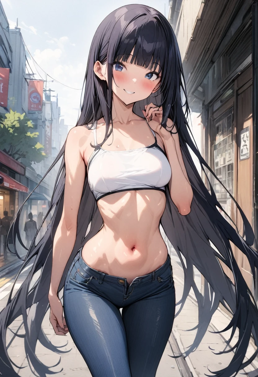 (((masterpiece, highest quality:1.3,absurdres))),25 year old beauty,solo,((very small head:1.2)),long hair,bangs,dark blue hair,dark blue eyes,gorgeous eyes,blush,smile,medium breasts,((very long body:1.2)),((toned body,slender body)),skinny,gleaming skin,shiny skin,((Navy blue cardigan、White tube top、navel、Blue denim miniskirt)),on street,Tokyo、