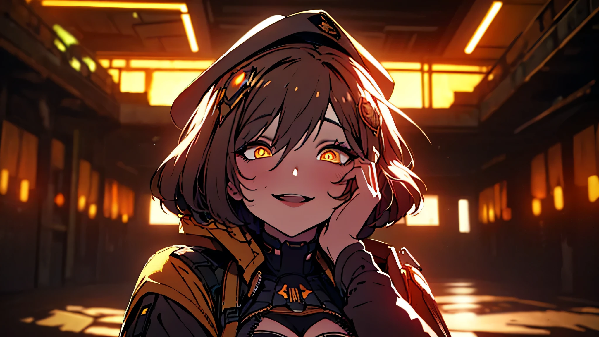 ((Best quality)), ((masterpiece)), (detailed:1.4), 3D, an image of a beautiful cyberpunk female, Yandere , Yandere Face , Trance , Trance Eyes , yameroyandere , constricted pupils , yandere , empty eyes . shaded face , crazy eyes , glowing brown eyes , crazy smile , aniswear, cross-eyed, short_hair, open_mouth, large_breasts, brown_hair, hair_ornament, thighhighs, hat, cleavage, brown_eyes, jacket, full_body, yellow_eyes, knee pads, boots, shorts, black_thighhighs, beret, short shorts, war, indoors, room, HDR (High Dynamic Range),Ray Tracing,NVIDIA RTX,Super-Resolution,Unreal 5,Subsurface scattering,PBR Texturing,Post-processing,Anisotropic Filtering,Depth-of-field,Maximum clarity and sharpness,Multi-layered textures,Albedo and Specular maps,Surface shading,Accurate simulation of light-material interaction,Perfect proportions,Octane Render,Two-tone lighting,Wide aperture,Low ISO,White balance,Rule of thirds,8K RAW,