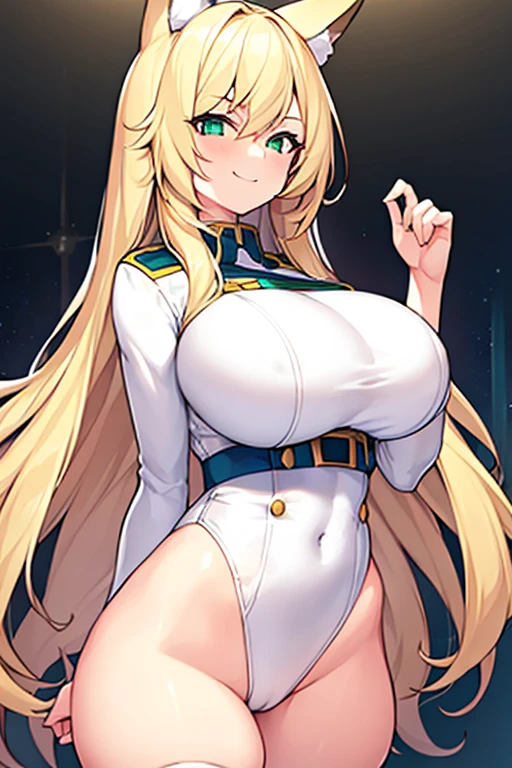 1girl, blonde hair, long hair, large breasts, thick thighs, wide hips, green eyes, smile, smirk, smug, leotard, white leotard, police uniform, white clothes, bare legs, policewoman, police hat, fox ears, fox tail, mature female, toned, hourglass figure