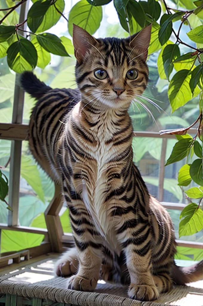 An adorable tabby kitten with striking patterns, soft fur, and big, curious eyes, playing with a ball of yarn under the warm sunlight filtering through the leaves、realystic