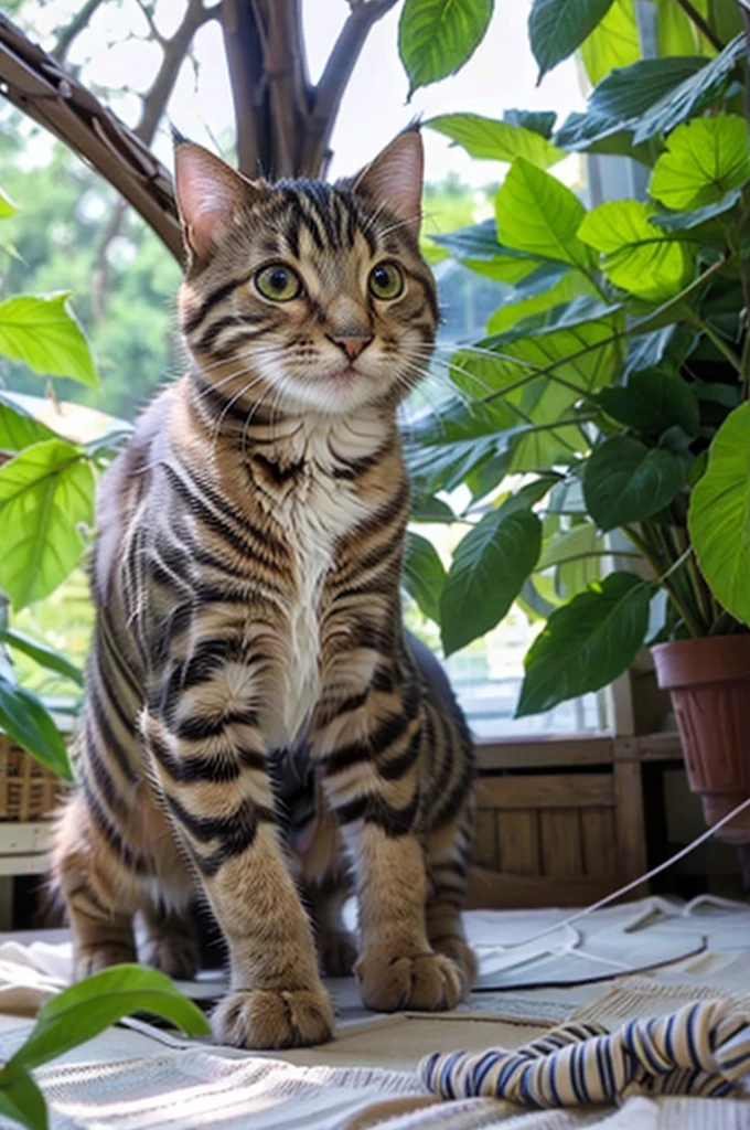 An adorable tabby kitten with striking patterns, soft fur, and big, curious eyes, playing with a ball of yarn under the warm sunlight filtering through the leaves、realystic