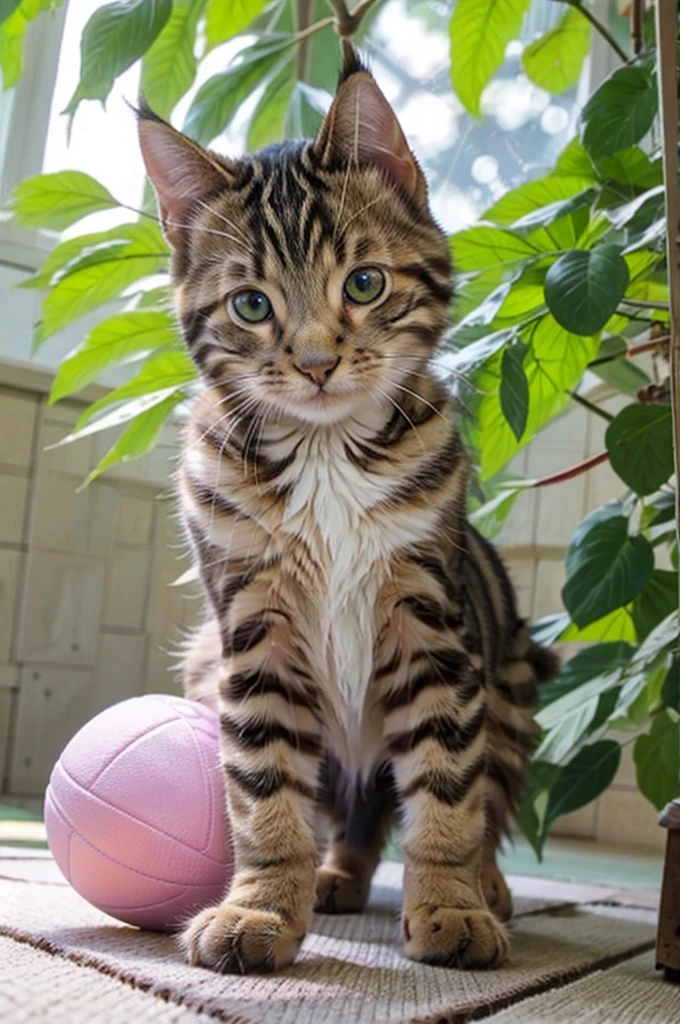 An adorable tabby kitten with striking patterns, soft fur, and big, curious eyes, playing with a ball of yarn under the warm sunlight filtering through the leaves、realystic