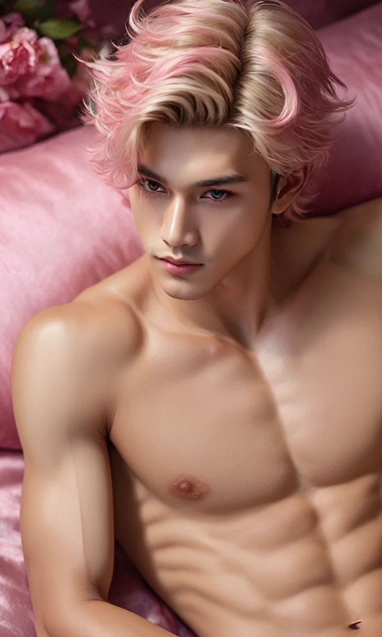 handsome young naked man, full frontal nudity, penis, masterpiece art, best quality ;o,, realistic face and hands on body :D;pink eyes with closed mouth:cinematic lighting from above ãbeautiful detailed hair ornament by Gail Sanguinosa 1naked boy lying prone to a sexually suggestive looking pov. 