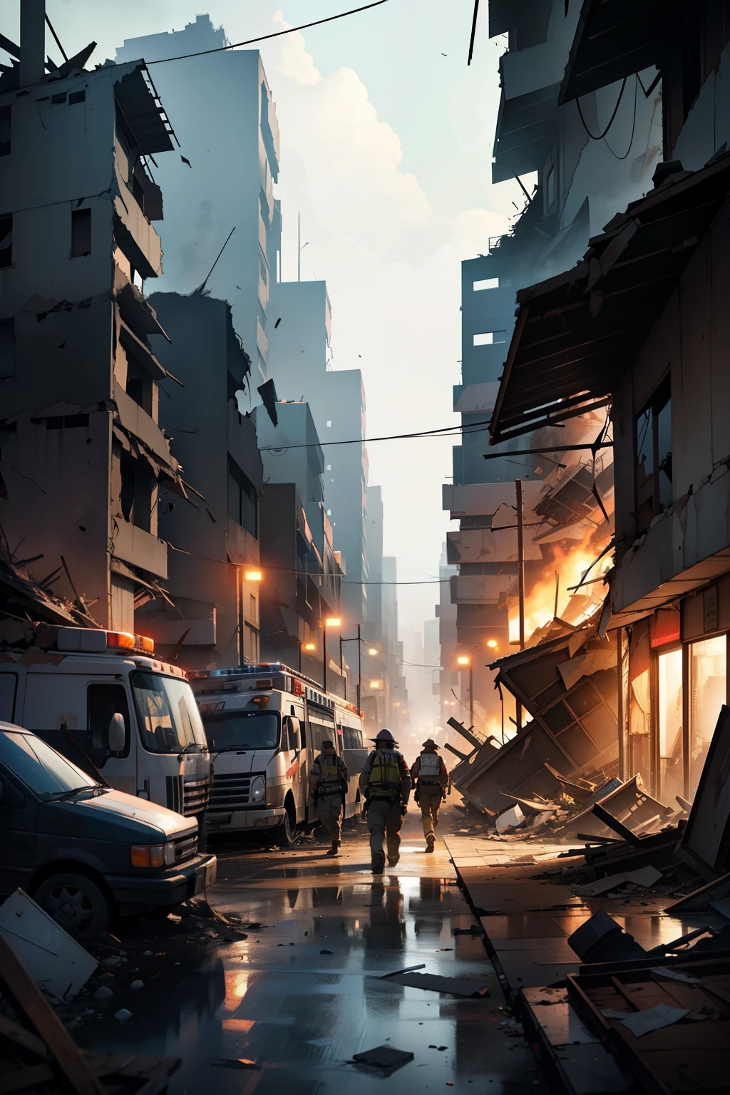 Create a 2D illustration in a flat-style, showcasing a dramatic scene of earthquake-stricken urban landscapes, with dilapidated buildings and debris scattered across the once bustling city streets. Amidst the chaos, apply a thematic focus on rescue efforts, featuring firefighters in their iconic gear, diligently searching for survivors amid the rubble and wreckage.
Picture ambulances strategically placed, ready to transport the injured to medical facilities, their lights flashing in stark contrast to the gloomy atmosphere. Use vivid brushstrokes and popping colors to emphasize on the urgency and dedication of the rescue teams.
To effectively convey the