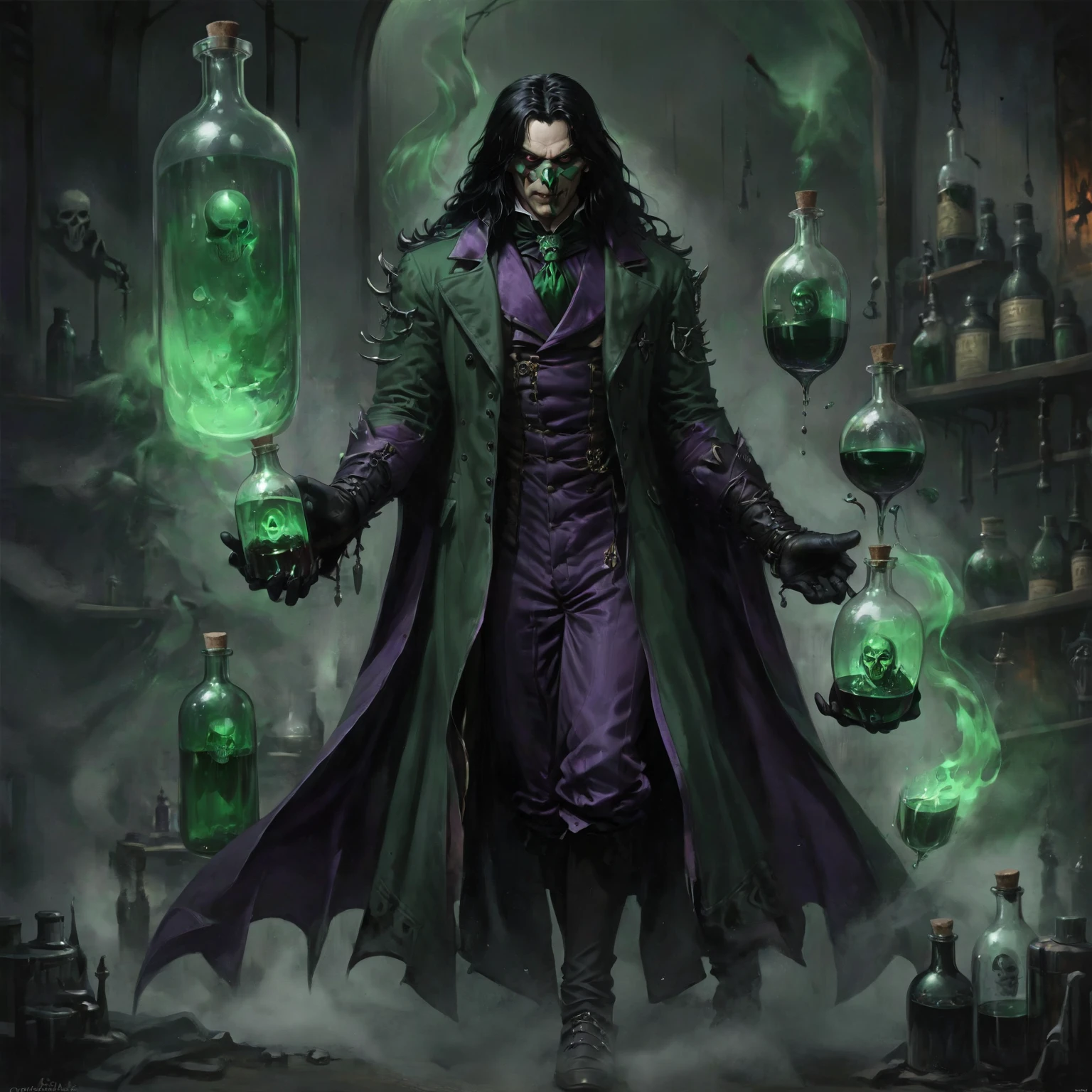 fullbody image, evil alchemist, oozemaster, male, 50 years old, masked half-vampire, long black hair, black gloves, a lot of alchemic bombs, glass bottles, alchemist lab, oozes companions, magnetic and disturbing gaze, dress in black green and violet ((best quality, masterpiece, representative work, official art, professional, ultra intricately detailed, 8k)) ((very realistic))