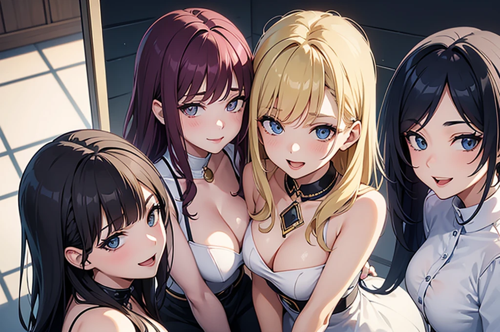 three sexy women who are wives of boy, flirtatious smiles, kneeling, opened mouths moaning, close up faces portrait, various hair colors and hairstyles, view from above