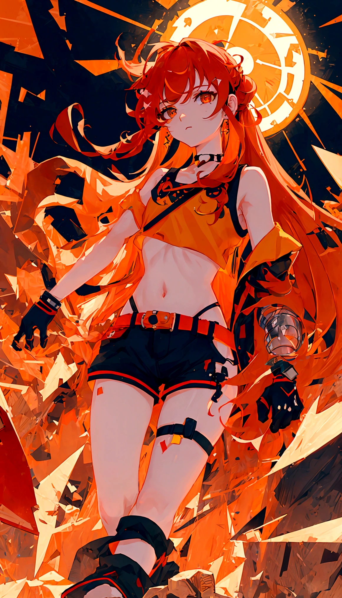 ((Best Quality, 8K, Masterpiece: 1.3)), 1girl, Beauty: 1.3, (Hairstyle wild Casual,) floating, meteors raining down, red crop top, black shorts, left leg is red mechanical, right arm is tied with bandages, right arm has a glove that goes till the bicep ,long hair, orange hair with blue tips, untied hair, orange hair color, Super Fine Face,