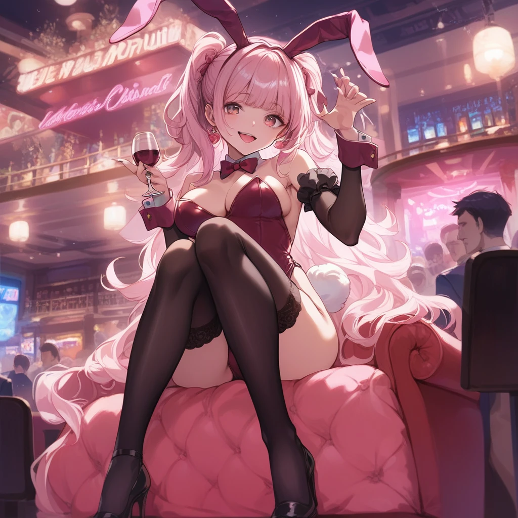 masterpiece, best quality, high resolution, extremely detailed CG, absurdres, highres, expressive eyes, perfect face, 1girl, a cute sexy girl in ((bunny_suit)), kawaii, casino, night club, sexy_posing, fishnet_thighhighs, large_breasts, ((wine)) ,((detailed_background))