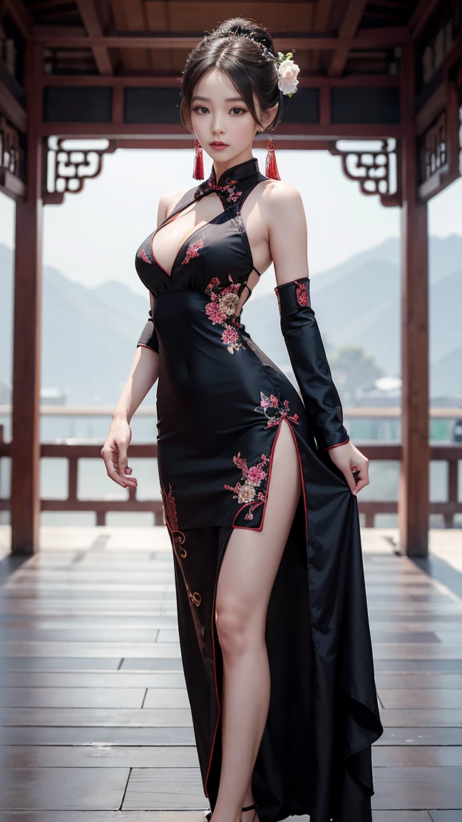 Full body of a girl standing in a Chinese palace square,Standing whole body,Wearing a long, sexy qipao,A fitted qipao,Long side slits up to waist height,You can see her string panties through the slit,Bewitching Girl,Long eyelashes,double eyelid,Detailed eyes,Large Breasts,Small waist,Attractive thighs,Long legs,Perfect proportions,Perfect body,Anatomically accurate body,I am looking at this,Thin fabric cheongsam,Cleavage,masterpiece,Photorealistic,High resolution,High definition,Highest quality,