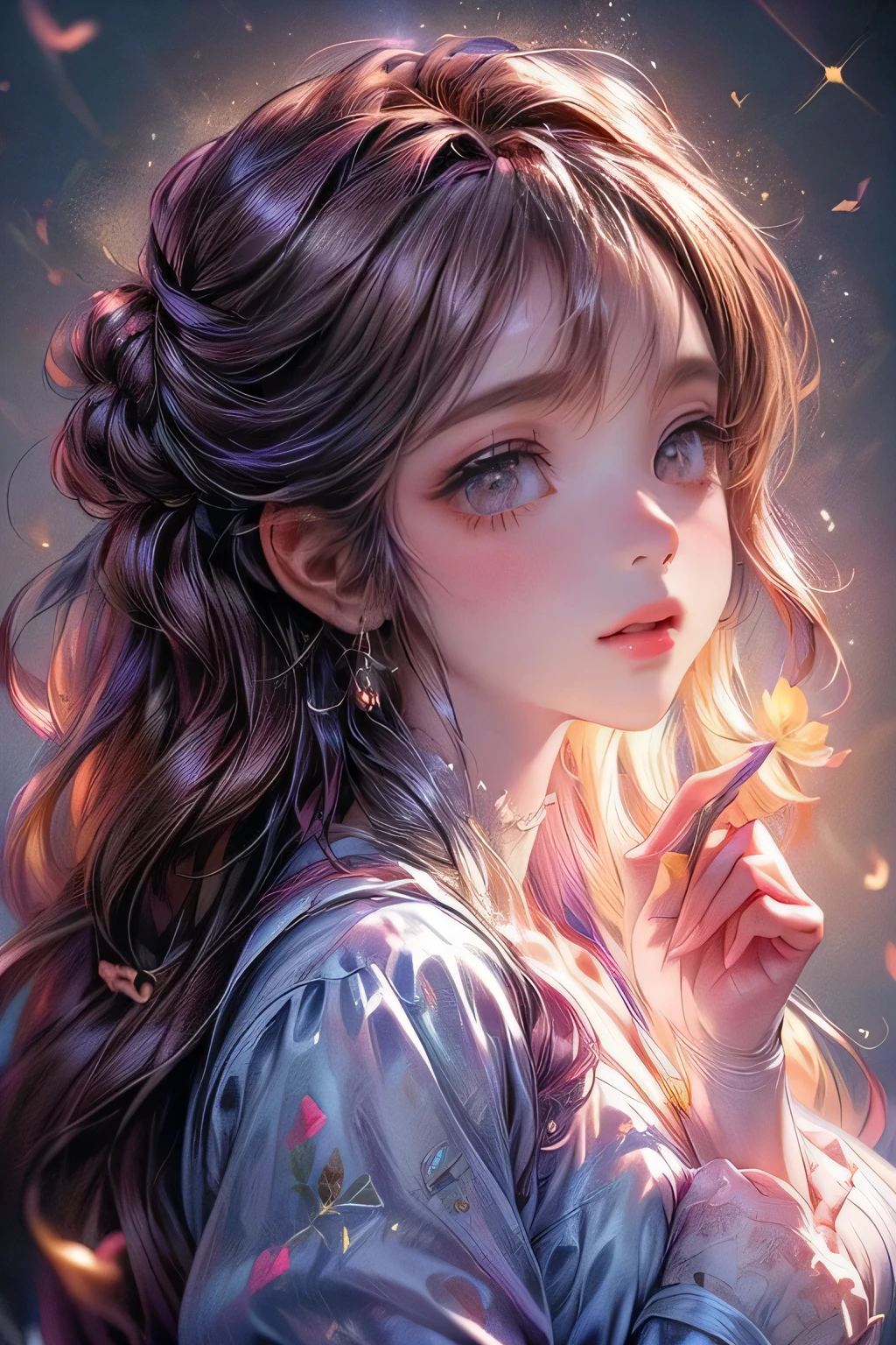 masterpiece:1.2, highest quality, 16k, highres, ultra-realistic, photorealistic:1.37, beautiful and cute girl leaning in the lavender meadow, full of lavenders, The fragrant scent of lavender in her hands, impressed, pastel colored mini skirt, magic particles, light particles, rainbow gradation, growing eyes, shining pupils, blushed cheek, shiny rosy lips, beautiful delicate(hair, face, eyes, pupils, long eyelash, lavenders:1.3, lavender meadow), middle breasts,