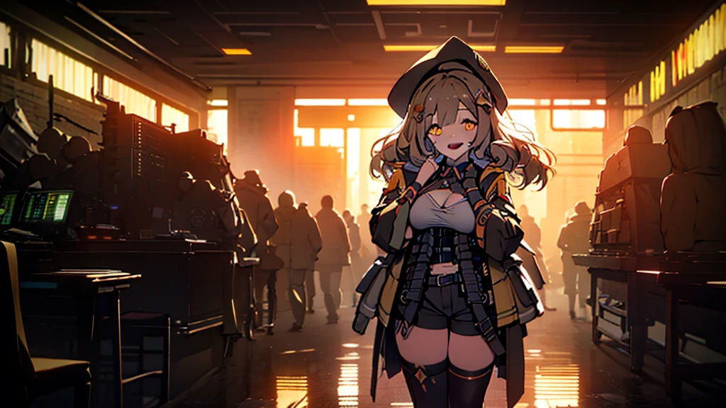 ((Best quality)), ((masterpiece)), (detailed:1.4), 3D, an image of a beautiful cyberpunk female, Yandere , Yandere Face , Trance , Trance Eyes , yameroyandere , constricted pupils , yandere , empty eyes . shaded face , crazy eyes , glowing brown eyes , crazy smile , aniswear, cross-eyed, short_hair, open_mouth, large_breasts, brown_hair, hair_ornament, thighhighs, hat, cleavage, brown_eyes, jacket, full_body, yellow_eyes, knee pads, boots, shorts, black_thighhighs, beret, short shorts, war, indoors, room, HDR (High Dynamic Range),Ray Tracing,NVIDIA RTX,Super-Resolution,Unreal 5,Subsurface scattering,PBR Texturing,Post-processing,Anisotropic Filtering,Depth-of-field,Maximum clarity and sharpness,Multi-layered textures,Albedo and Specular maps,Surface shading,Accurate simulation of light-material interaction,Perfect proportions,Octane Render,Two-tone lighting,Wide aperture,Low ISO,White balance,Rule of thirds,8K RAW,
