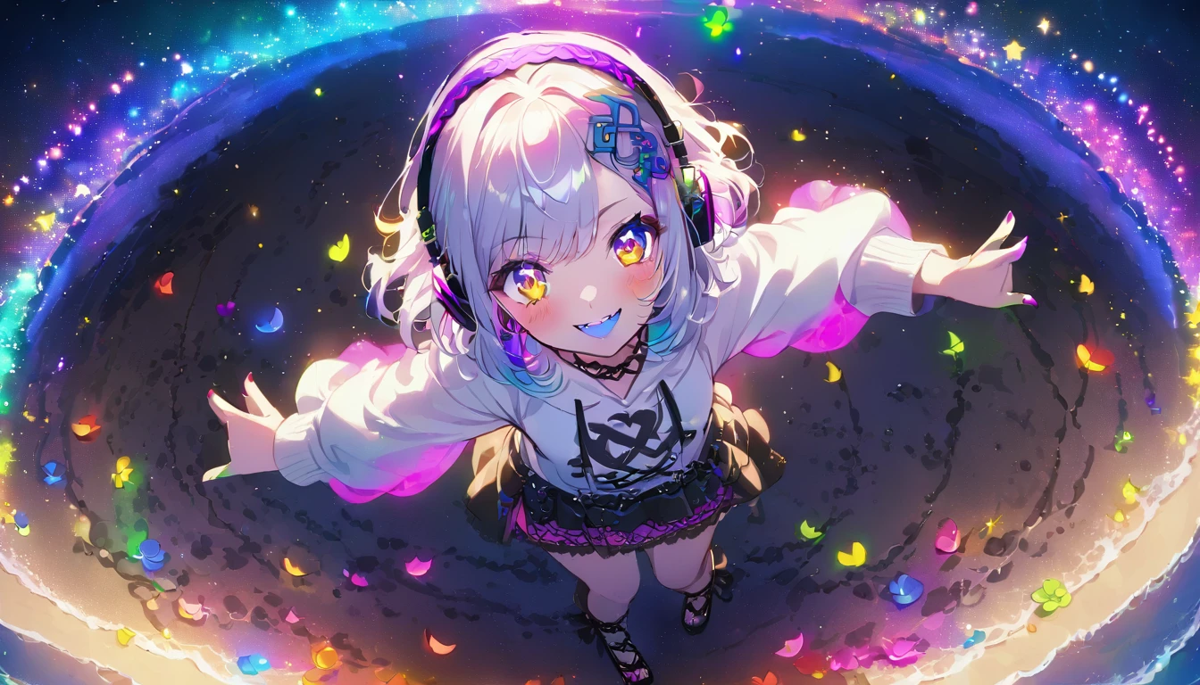 ((Masterpiece)), ((best quality)), (Anime:1.3), (super detail:1.2), (High Definition:1.3), (Professional Photography:1.3), ((12 years old)), (nsfw), cute young Girl, Glossy unruly hair, (loose swept bangs), (silver ash hair), medium hair, big eyes, (Eye bags:1.3), (Long eyelashes), colorful eyes, (evil smile and blush), Glossy lips, (jagged teeth), farewell, (white hoodie with oversized), barearms, cute, (full body:1.3), (colorful:1.3), gothic makeup, (wearing headphone), Dance joyfully, pretty, beach, neon-lit, pretty, Celtic, maniac, facing the camera, colorful petals dance around, starry night, (shoot from above:1.3),