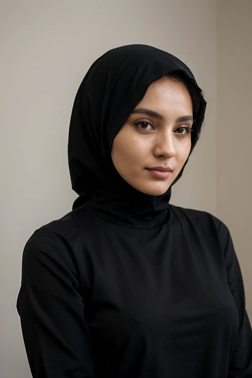 woman,((30 years old)), black hijab, black shirt, beautiful face, white skin, soft smile