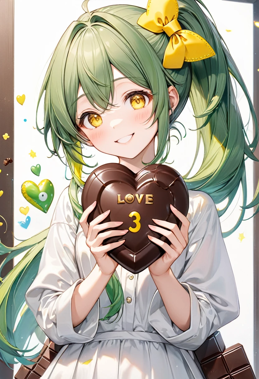 (15 yo, solo ponytail green hair long hair cute girl, cute yellow eyes, love smile), (hand holding a biggest shape of number 3:1.5 for chocolate), perfect anatomy, masterpiece, best quality, 16k, beautiful detailed grow, daydreaming expression.