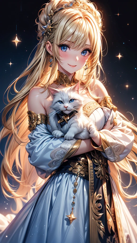 Highly Detailed CG Unity 8K Wallpaper, pretty girl, Mature blonde girl, Half Up,beautiful girl, Hot Maiden, Pale skin (super masterpiece, Fantasy art with intricate detail:1.5,Beautiful person, Well detailed face polluted smile, Her flat chest is completely hidden by her dress、Realistic, Surreal), Pray to the stars,Girl holding cute white cat with big eyes in her arms
