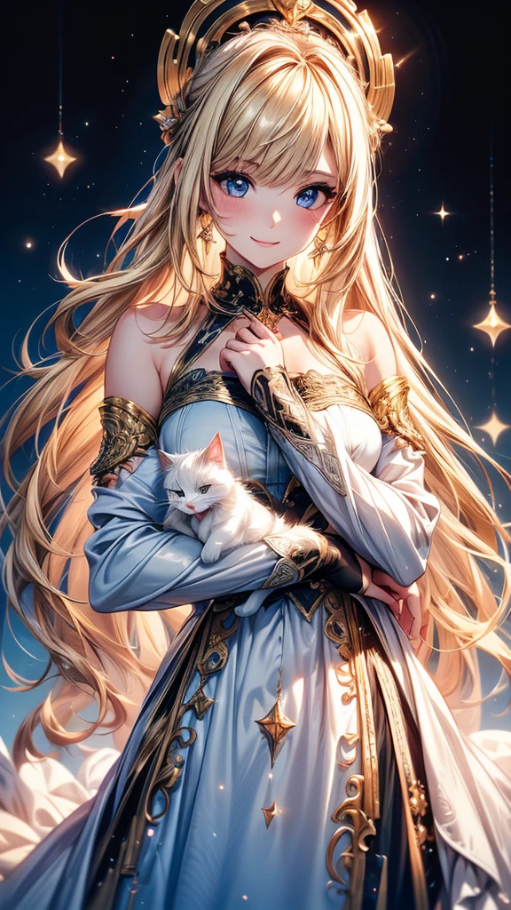 Highly Detailed CG Unity 8K Wallpaper, pretty girl, Mature blonde girl, Half Up,beautiful girl, Hot Maiden, Pale skin (super masterpiece, Fantasy art with intricate detail:1.5，Beautiful person, Well detailed face polluted smile, Her flat chest is completely hidden by her dress、Realistic, Surreal), Pray to the stars,Girl holding cute white cat with big eyes in her arms