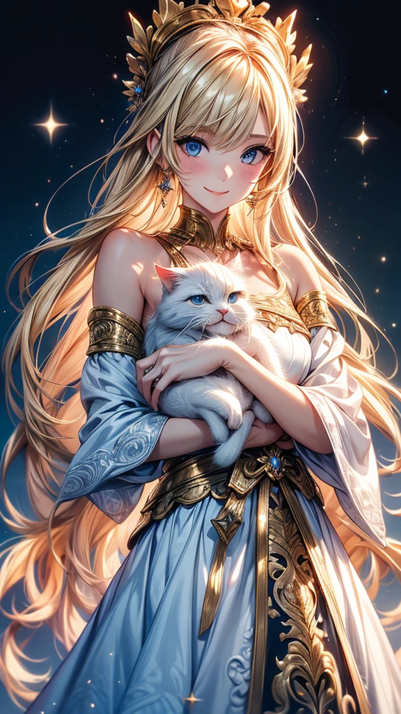 Highly Detailed CG Unity 8K Wallpaper, pretty girl, Mature blonde girl, Half Up,beautiful girl, Hot Maiden, Pale skin (super masterpiece, Fantasy art with intricate detail:1.5,Beautiful person, Well detailed face polluted smile, Her flat chest is completely hidden by her dress、Realistic, Surreal), Pray to the stars,Girl holding cute white cat with big eyes in her arms