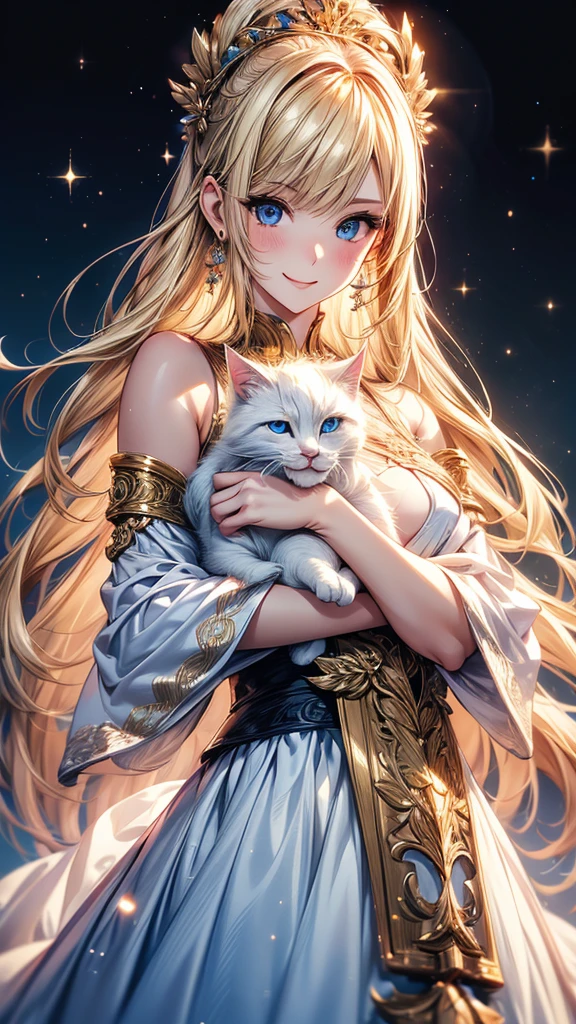 Highly Detailed CG Unity 8K Wallpaper, pretty girl, Mature blonde girl, Half Up,beautiful girl, Hot Maiden, Pale skin (super masterpiece, Fantasy art with intricate detail:1.5,Beautiful person, Well detailed face polluted smile, Her flat chest is completely hidden by her dress、Realistic, Surreal), Pray to the stars,Girl holding cute white cat with big eyes in her arms