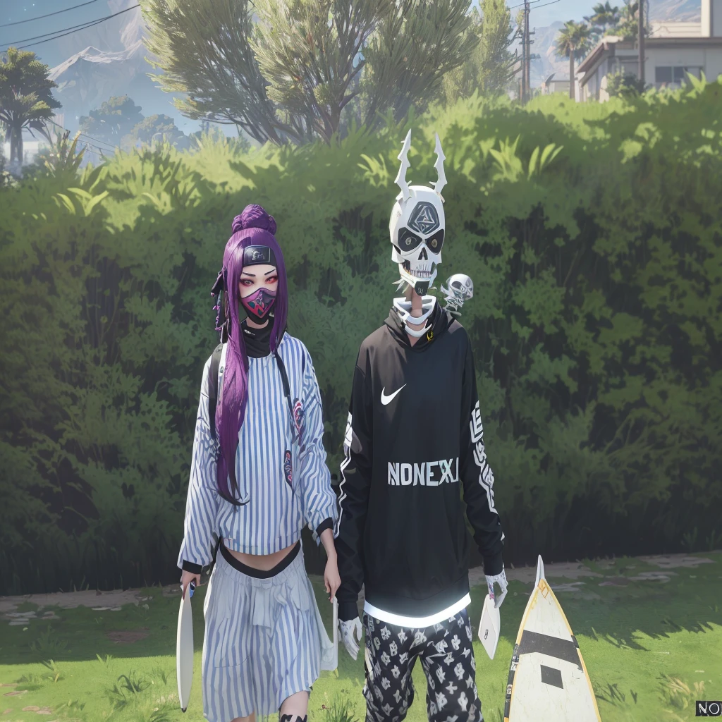 they are walking in the grass with a surfboard and a mask on, lunar themed attire, dressed in crustpunk clothing, ska skeleton and girlfriend, nixeu and sakimichan, medium shot of two characters, naruto in gta v, as a character from gtav, in game, gta v street style, in the background, roleplay, 8k no blur