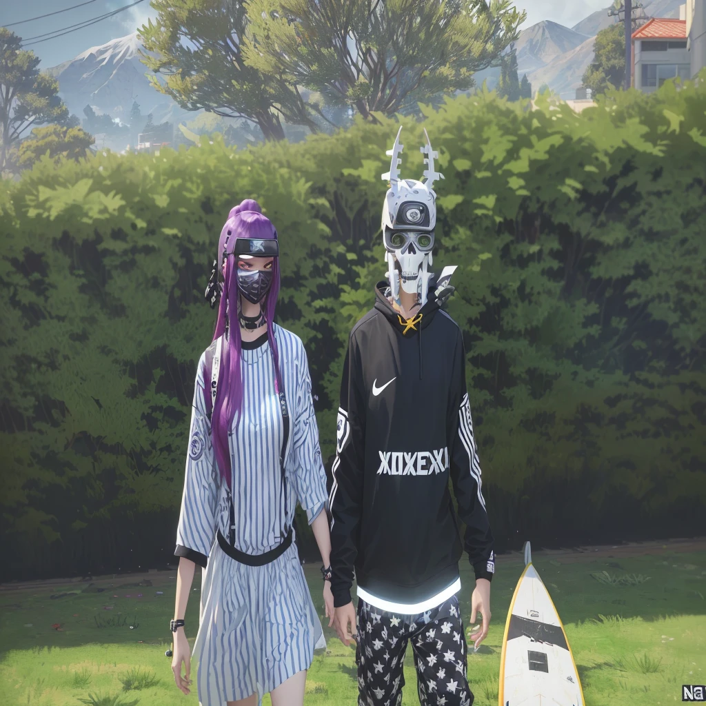 they are walking in the grass with a surfboard and a mask on, lunar themed attire, dressed in crustpunk clothing, ska skeleton and girlfriend, nixeu and sakimichan, medium shot of two characters, naruto in gta v, as a character from gtav, in game, gta v street style, in the background, roleplay, 8k no blur