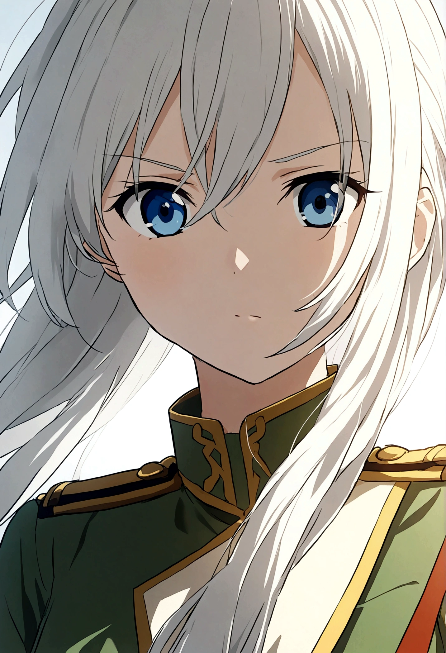 5’4 anime girl, white hair(medium) and dressed in a military uniform