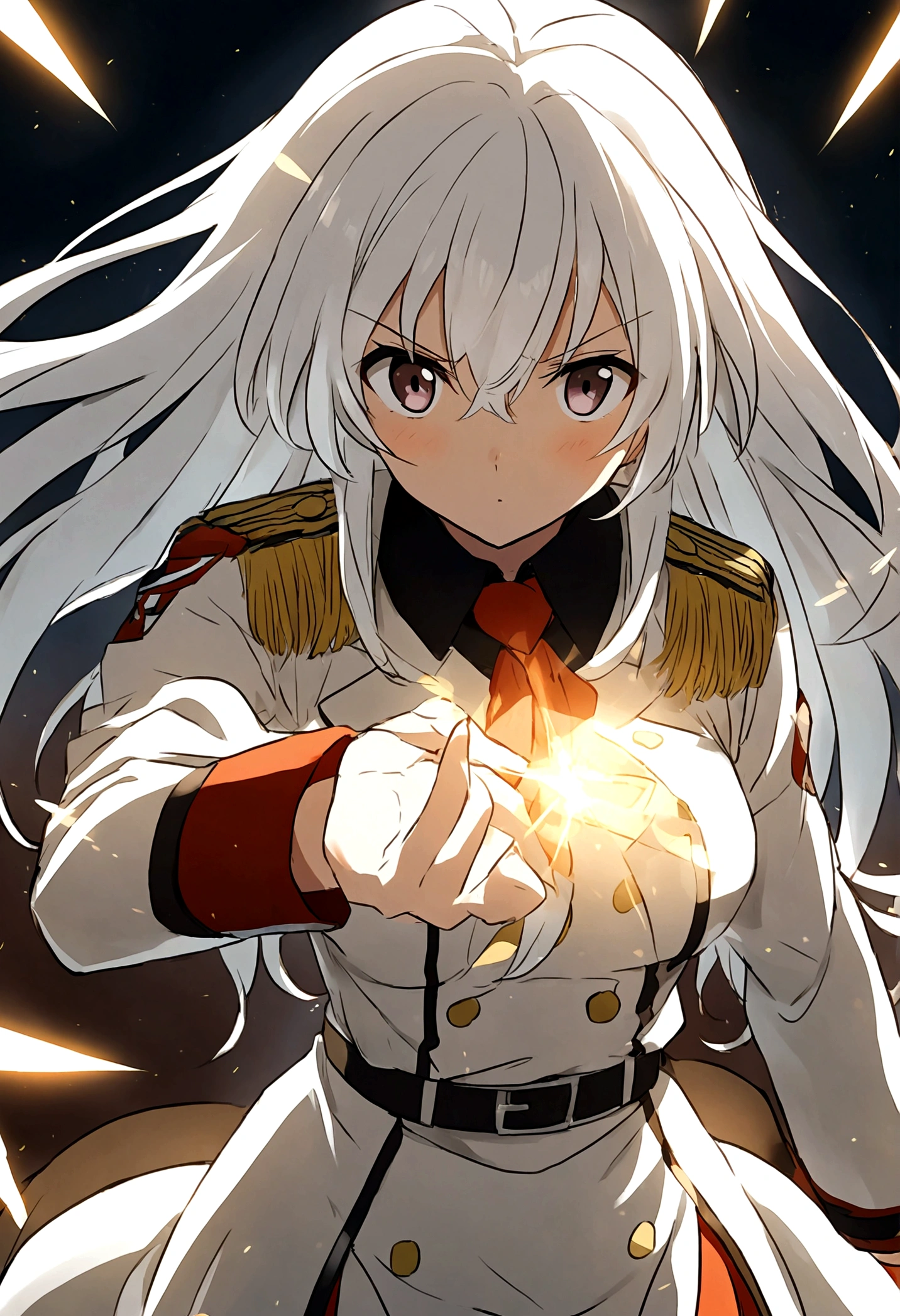 5’4 anime girl, white hair(medium) and dressed in a military uniform 
