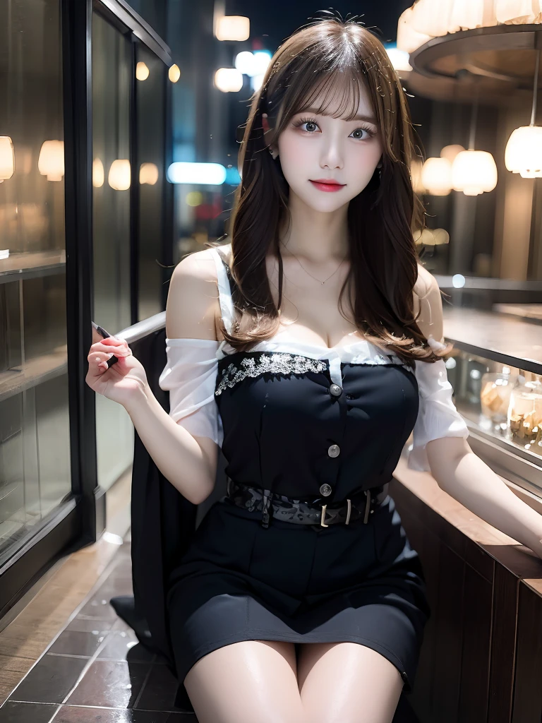 Beautiful eyelashes、High resolutionの顔、Dresses with decoration、Please wear a knee-length skirt、Zoom out、Night view、22 years old、Knee-length viewing angle、blue dress stay piece, highest quality, shape, Very detailed, In detail, High resolution, 8k wallpaper, Beautiful details, Random Cute Hairstyles, c cup breasts, Natural color lip