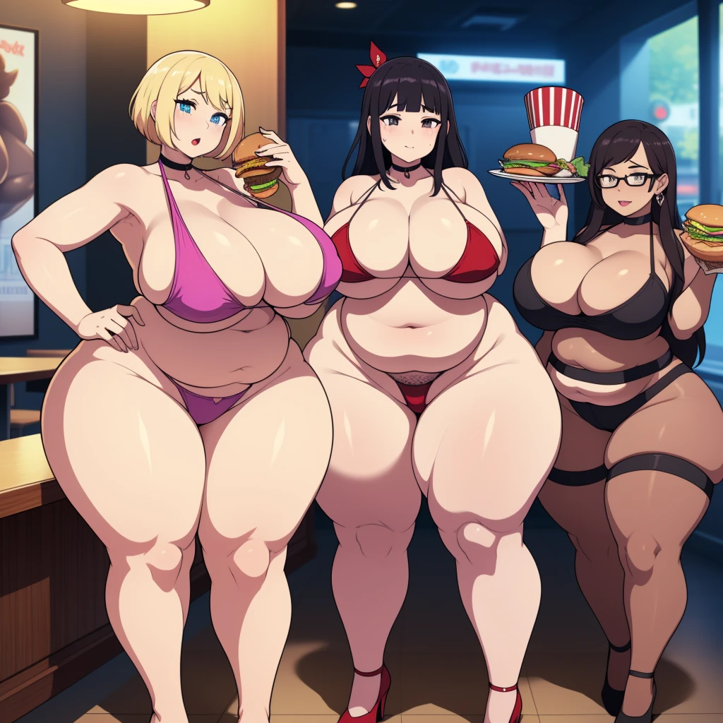 ((highres)), Masterpiece, high quality, best quality, beautiful, perfect lighting, detailed face, ultra cute face, ((3girls milf grand-Mother prostitute))enormous massive gigantic big large fat breasts, full body, fast food restaurant, enormous large breasts, ((wide hips)), (thick thighs), ((chubby prostitute)), pudgy belly, fat folds, standing, 