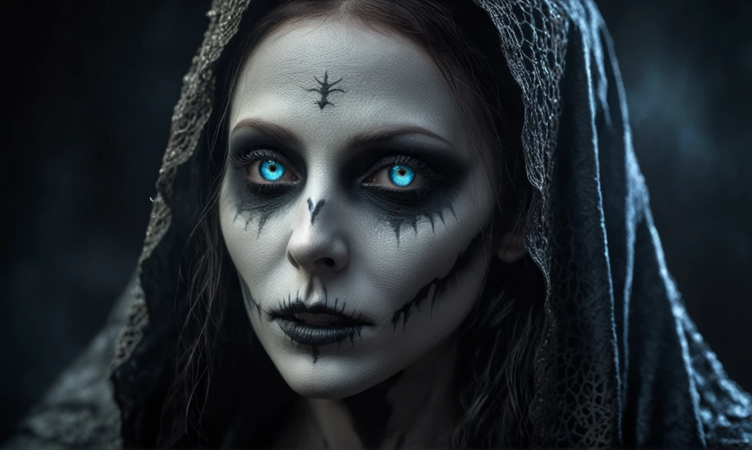 (((creature with a spectral and ghostly appearance)). Her skin is pale, almost translucent. His eyes shine with a bluish glow, he wears dark, torn clothes that float around him, as if permeated by an aura of mourning. Its appearance is complemented by details such symbols of mourning and gothic elements, further emphasizing its dark air. is portrayed as a haunted and tormented entity,{creature},face pretty face,extremely detailed,intricate details,eyes extremely detailed, high detailed eyes,16k resolution, realistic humid skin,extremely intricate details,Epic Realistic,face anatomically correct,Ultra HD,HDR, natural skin textures, hyper realism,realistic skin texture, hyper detailed,extremely Realism,Ultra Detailed,body logically correct