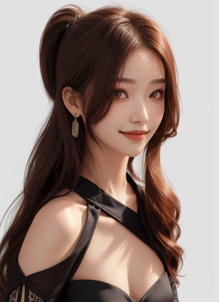 1girl, 
yinlin \(wuthering waves\),  
solo, white background, breasts, mole under mouth, very long hair, bare shoulders, upper body, ahoge, single earring, long sleeves, jewelry, detached sleeves, simple background, hair over one eye, red hair, black dress, mole, dress, china dress, mole under eye, smile, chinese clothes, ponytail, looking at viewer, long hair, closed mouth, brown eyes, earrings, 
masterpiece, best quality,  safe
 