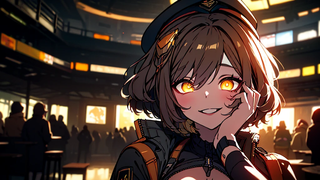 ((Best quality)), ((masterpiece)), (detailed:1.4), 3D, an image of a beautiful cyberpunk female, Yandere , Yandere Face , Trance , Trance Eyes , yameroyandere , constricted pupils , yandere , empty eyes . shaded face , crazy eyes , glowing brown eyes , crazy smile , aniswear, cross-eyed, short_hair, open_mouth, large_breasts, brown_hair, hair_ornament, thighhighs, hat, cleavage, brown_eyes, jacket, full_body, yellow_eyes, knee pads, boots, shorts, black_thighhighs, beret, short shorts, war, indoors, room, HDR (High Dynamic Range),Ray Tracing,NVIDIA RTX,Super-Resolution,Unreal 5,Subsurface scattering,PBR Texturing,Post-processing,Anisotropic Filtering,Depth-of-field,Maximum clarity and sharpness,Multi-layered textures,Albedo and Specular maps,Surface shading,Accurate simulation of light-material interaction,Perfect proportions,Octane Render,Two-tone lighting,Wide aperture,Low ISO,White balance,Rule of thirds,8K RAW,