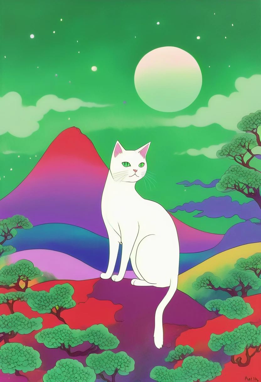 White Cat、A girl with a cat, bangs,is short、sea-green Tank top、Red and blue gradient hair, 満moon、evening, ginkgo leaf, Slope, Slope background, Slope sky, Tank top、bangsis short、 Long Hair, moon, Spring Green Background, Purple Sky, alone, sunset, Twilight, Upper Body, Green background, crimson sky, Malachite's Theme, Pop Surrealism , Highest quality、Drawing paper texture、pop surrealism
pop art
drawing、Sendangle Art