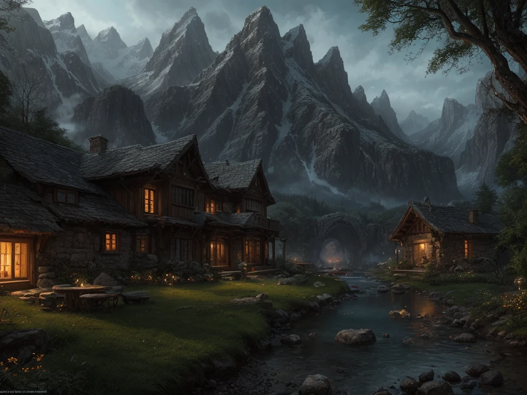 inspired by Tolkien,In the style of John Howe,detailed fantasy landscape,enchanted forests,majestic mountains,epic battles,dangerous dungeons,magical creatures,highly detailed armor,best quality,4k,8k,highres,masterpiece:1.2,ultra-detailed,realistic,photorealistic,photo-realistic:1.37,HDR,UHD,studio lighting,ultra-fine painting,sharp focus,physically-based rendering,extreme detail description,professional,vivid colors,bokeh,fantasy art