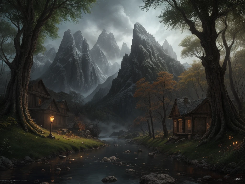 inspired by Tolkien,In the style of John Howe,detailed fantasy landscape,enchanted forests,majestic mountains,epic battles,dangerous dungeons,magical creatures,highly detailed armor,best quality,4k,8k,highres,masterpiece:1.2,ultra-detailed,realistic,photorealistic,photo-realistic:1.37,HDR,UHD,studio lighting,ultra-fine painting,sharp focus,physically-based rendering,extreme detail description,professional,vivid colors,bokeh,fantasy art