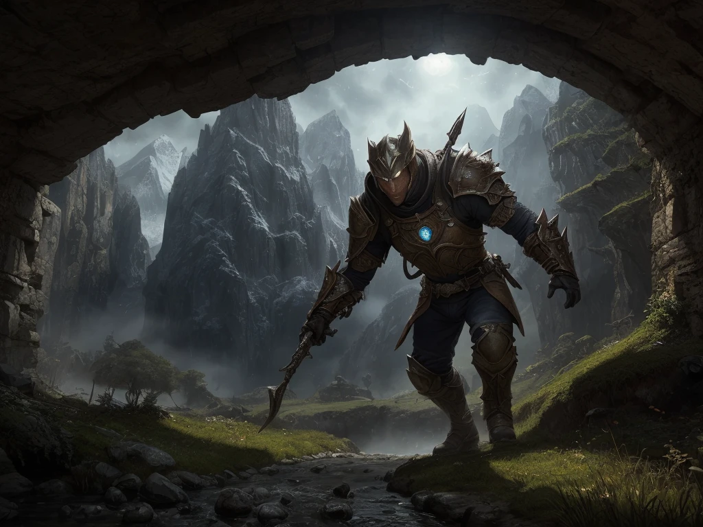 inspired by Tolkien,In the style of John Howe,detailed fantasy landscape,enchanted forests,majestic mountains,epic battles,dangerous dungeons,magical creatures,highly detailed armor,best quality,4k,8k,highres,masterpiece:1.2,ultra-detailed,realistic,photorealistic,photo-realistic:1.37,HDR,UHD,studio lighting,ultra-fine painting,sharp focus,physically-based rendering,extreme detail description,professional,vivid colors,bokeh,fantasy art