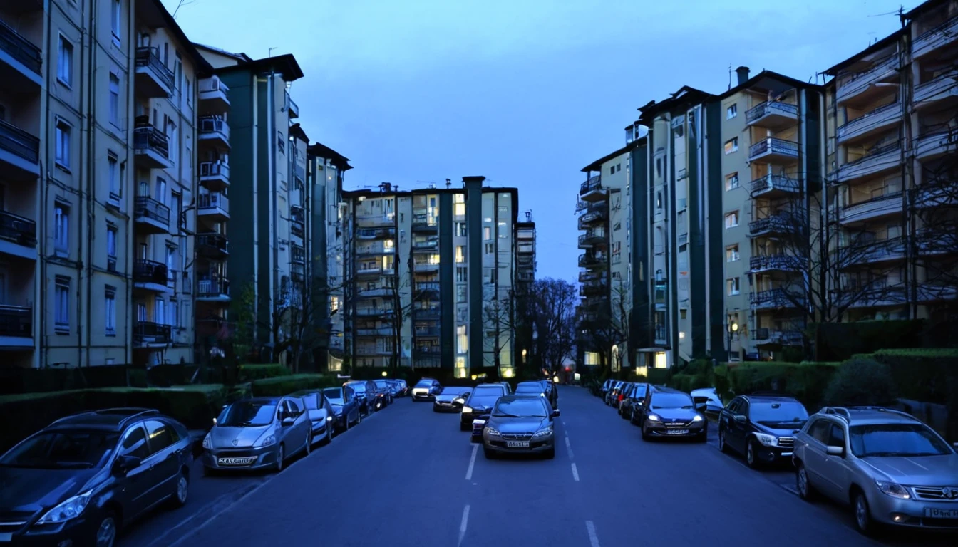 street with several apartments, parked cars, late afternoon, sinister atmosphere
