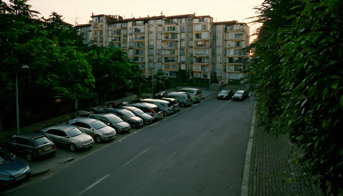 street with several apartments, parked cars, late afternoon, sinister atmosphere