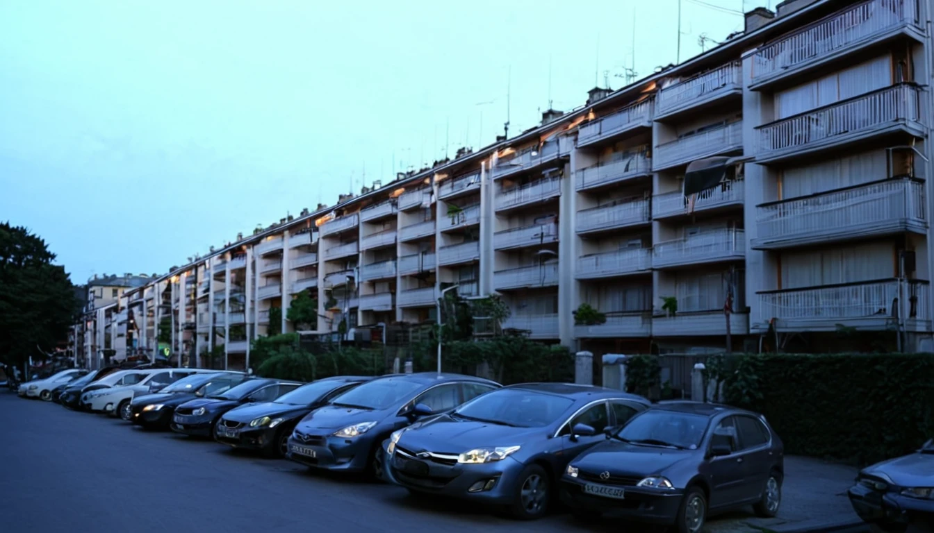 street with several apartments, parked cars, late afternoon, sinister atmosphere
