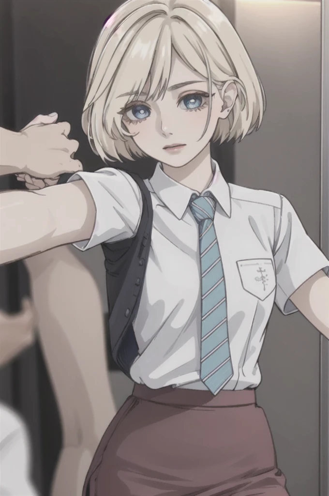 (masterpiece:1.2), best quality, high resolution, unity 8k wallpaper,(beautiful detailed eyes:1.6), extremely detailed face, perfect lighting, extremely detailed CG, (perfect hands, perfect anatomy),niinasugawara, niina sugawara, short hair, blue eyes, blonde hair,skirt, shirt, , white shirt, short sleeves, necktie, striped, collared shirt, shirt tucked in, striped necktie,(up skirt:1.8), white panty,lift skirt,1 girl,