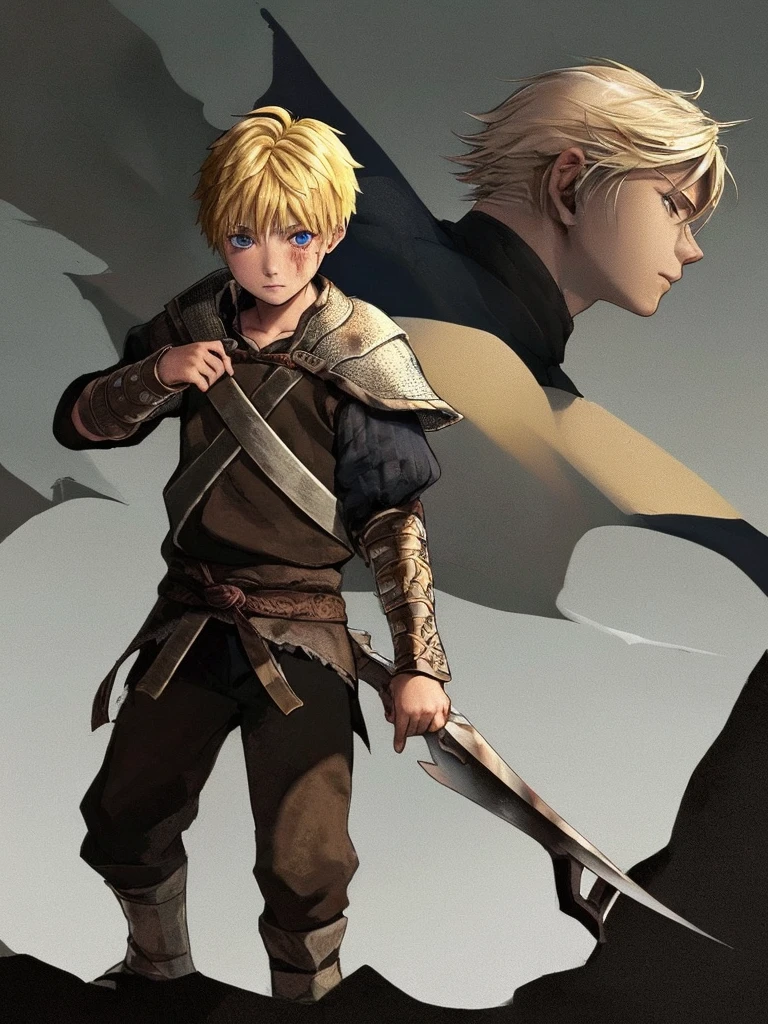 1 boy with two blades a Viking with blonde hair brown eyes with blood