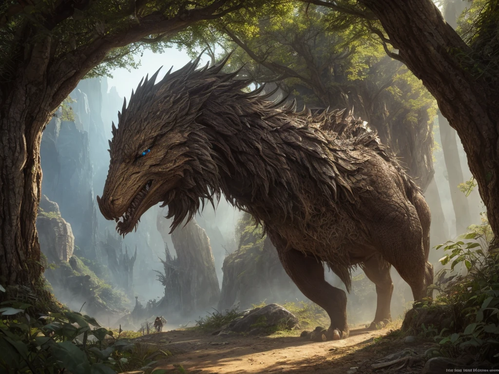 inspired by Tolkien,In the style of John Howe,detailed fantasy landscape,enchanted forests,majestic mountains,epic battles,dangerous dungeons,magical creatures,highly detailed armor,best quality,4k,8k,highres,masterpiece:1.2,ultra-detailed,realistic,photorealistic,photo-realistic:1.37,HDR,UHD,studio lighting,ultra-fine painting,sharp focus,physically-based rendering,extreme detail description,professional,vivid colors,bokeh,fantasy art
