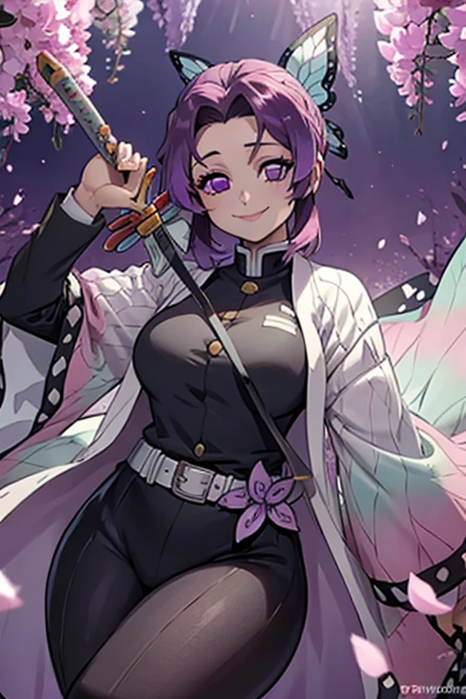 A pink haired woman with violet eyes with an hourglass figure in a Demon Slayer uniform is smiling in a flurry of peony petals