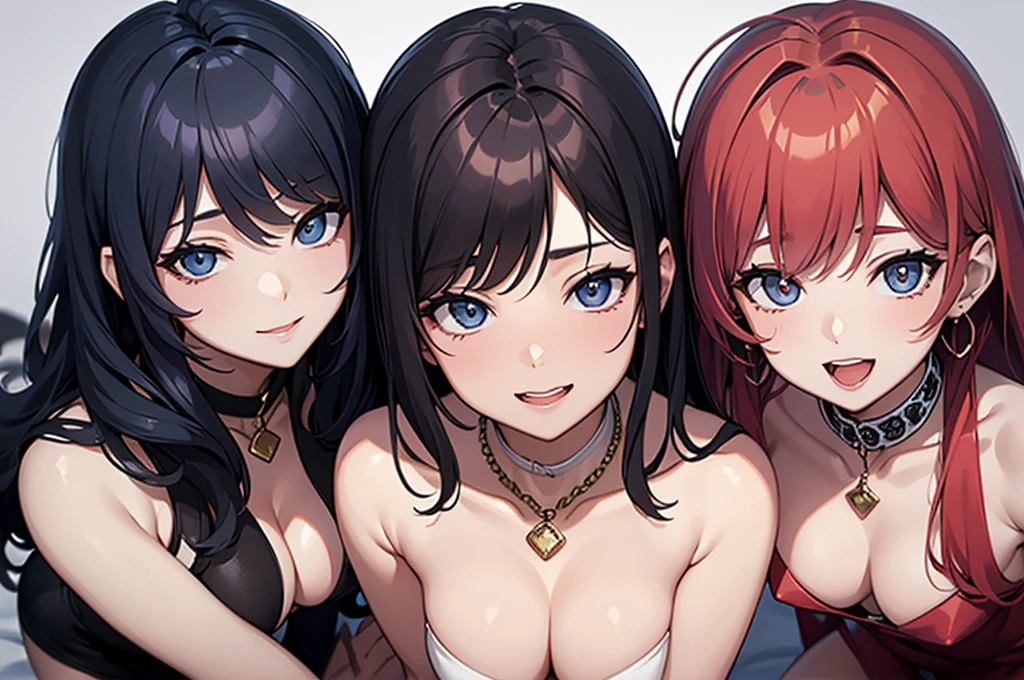 two sexy women who are wives of boy, flirtatious smiles, kneeling, opened mouths moaning, close up faces portrait, various hair colors and hairstyles, view from above