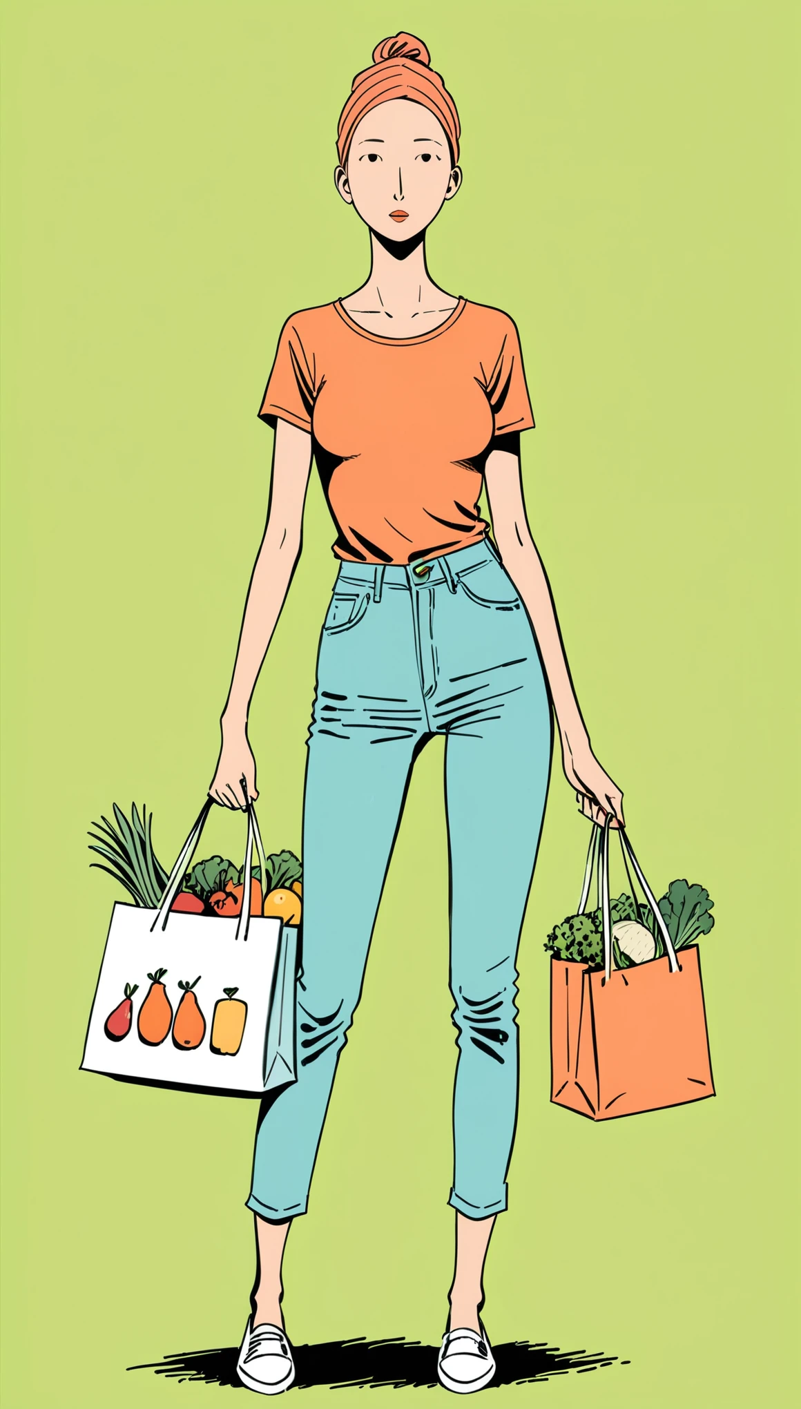 (in style of Jean Jullien:1.7)
1girl,
BREAK
casual wear,1 shopping bag in hand,plastic bags contain a variety of fresh ingredients,solid color background,fantasty,comic style,minimalist style,making faces,back view,look at the camera,graceful movements,