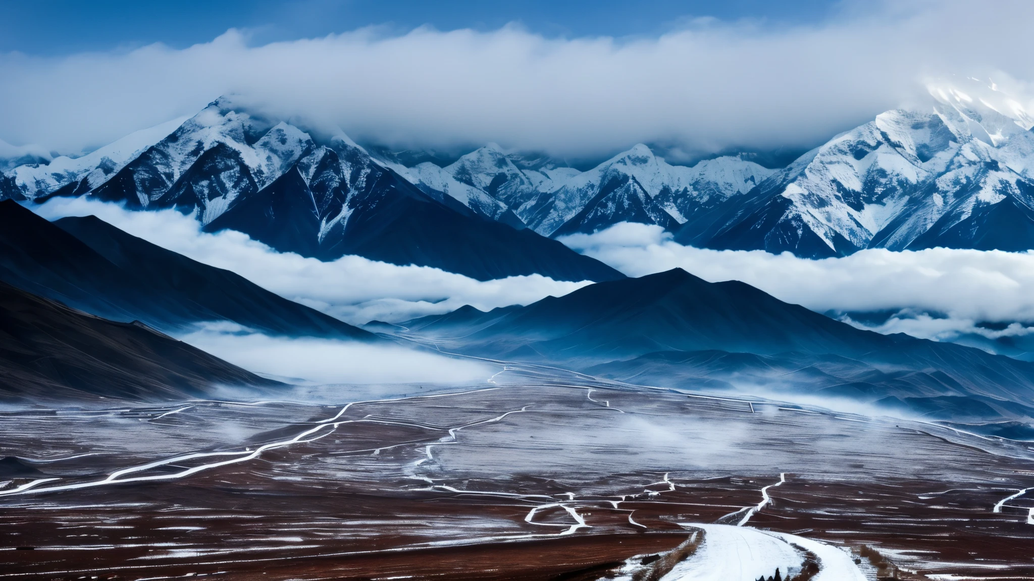 Tibet, background landscape of snowy mountains and lots of fog. More dark and relaxing image. Night. Include monje tibetan from back